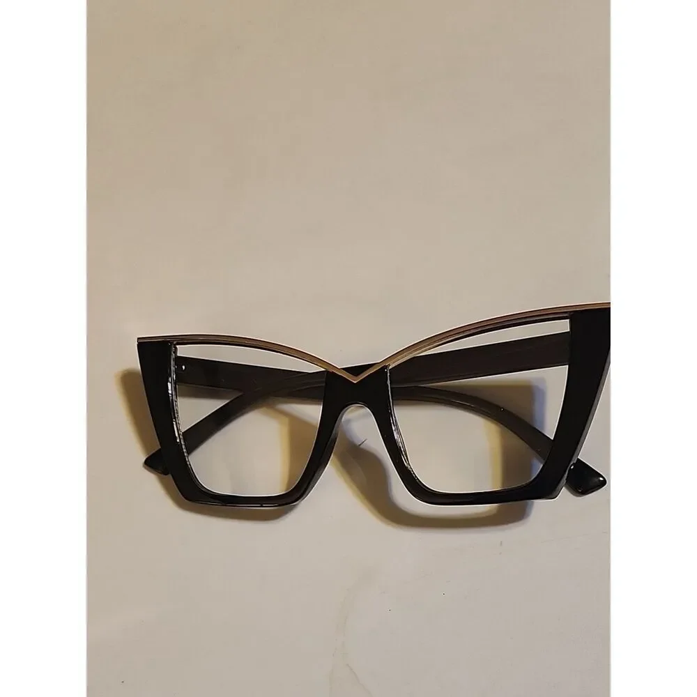 Women's Black Cat-Eye Fashion Glasses with Gold Accent